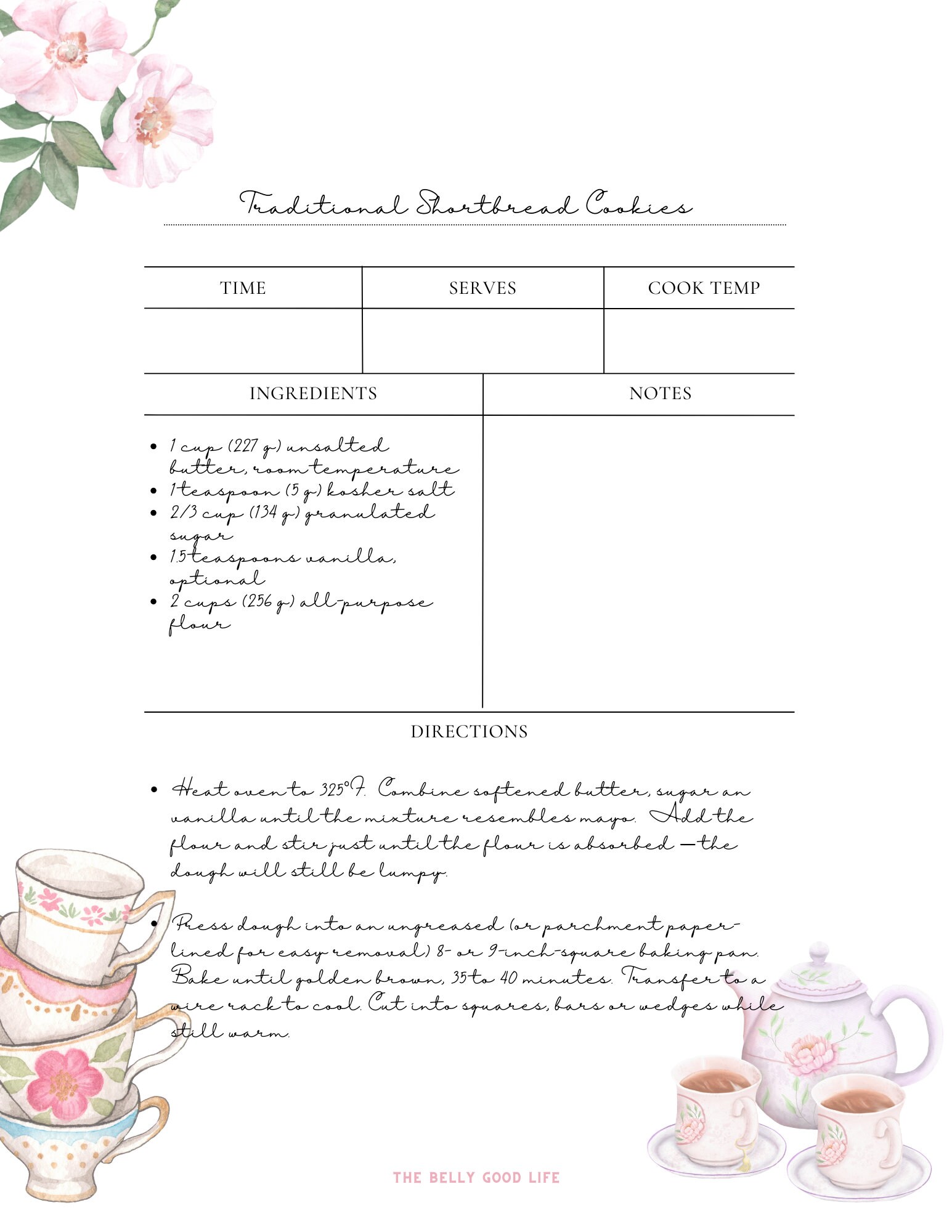 Tea Party Shortbread Recipe Binder Sheet 8.5 X 11, Printable Recipe Filler Paper Binder Template ...
