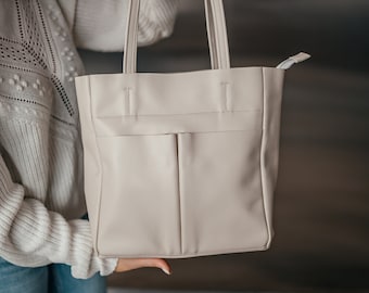 Genuine Leather Tote Bag with Zipper, Beige Shopper Satchel, Everyday Weekender Bag