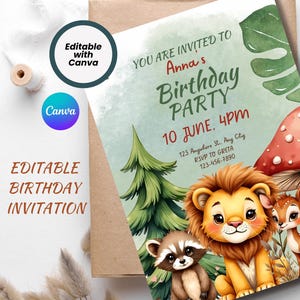 Convite de aniversário editável Animais da floresta Convite de aniversário Modelo de cartão de aniversário Modelos Canva Convite digital personalizável