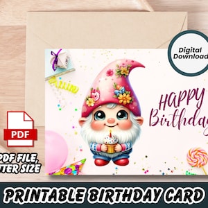 Cartão de aniversário para impressão, adorável cartão de aniversário para impressão do gnomo Kawaii, cartões de download instantâneo, cartão de design do gnomo, cartão de feliz aniversário, PDF