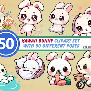 Kawaii Hase Clipart Set, 50 verschiedene Posen, PNG - Fröhliche & Lustige Posen, Perfekt für Erzieher, Basteln, Kindergartenkunst, Kommerziell erlaubt