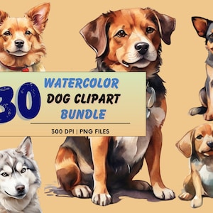 Lot de 30 cliparts chien aquarelle | Race de chien réaliste Caniche, Husky, etc.| PNG, Utilisation commerciale, Sublimation sur une tasse, T-shirt, Carte papercraft