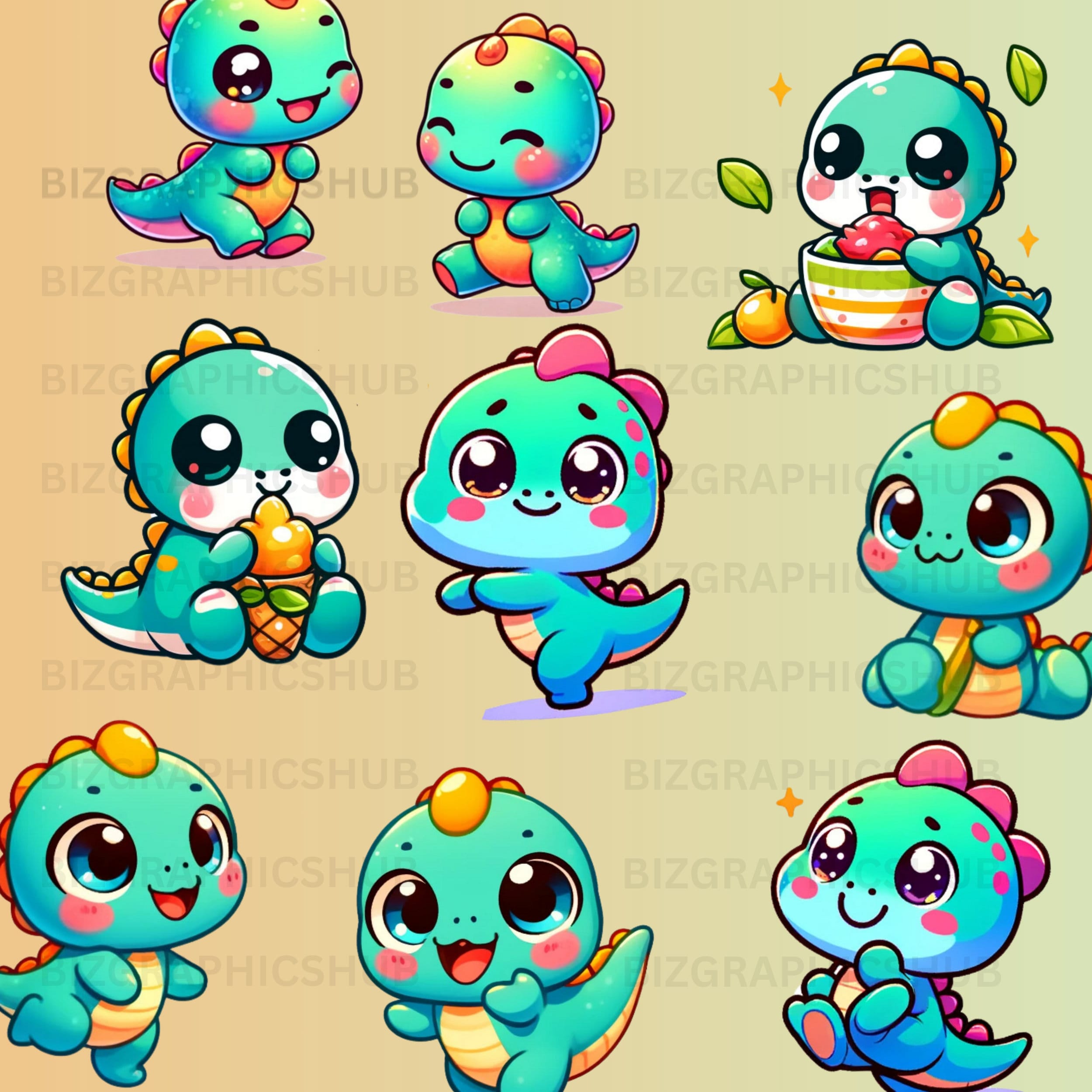 Kawaii Funny Dinosaur Clipart Bundle - 66 Cute Dino Poses, Digital ...