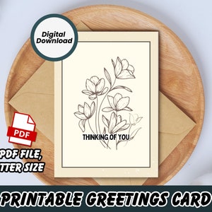 Elegant &quot;Thinking of You&quot; Printable Greeting Card| Digital Download Card| Floral Design Card| PDF US Letter Size| Perfect for Any Occasion
