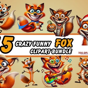 Crazy Silly Fox Clipart Bundle, 15 Fox Graphics, Crazy Fox Images, PNG, Crazy Fox, Funny Fox, Funny Animals, Cartoon Style Fox Illustrations