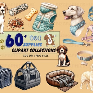 60 Hundezubehör-Aquarell-Clipart-Sammlung| Illustrationen zum Thema Hund| Realistische weiche Pastell-Hundepflegegrafiken für Hundeliebhaber, kommerziell