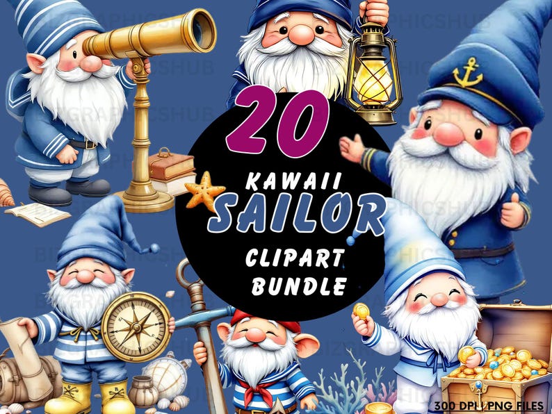 Sailor Gnome Watercolor Clipart Bundle, 20 High-resolution Pngs, Cute ...
