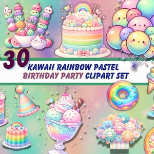 Set di clipart per feste di compleanno pastello arcobaleno Kawaii - 30 grafica carina, palloncini, ciambelle, torte, fiori e decorazioni per feste - PNG, uso commerciale