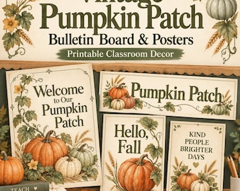 Vintage pompoenveld-decoratie voor in de klas, herfstprikbordset, printbare posters voor in de klas, digitale download