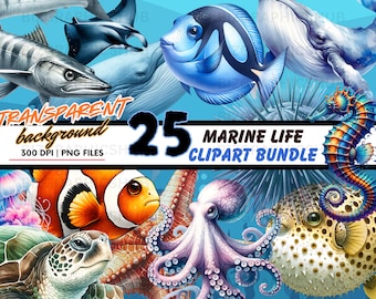 水彩画の海洋生物のクリップアート バンドル - 25 種類の海の動物 PNG、海洋生物、海中、海の生き物、海の生物のイラスト デジタル ダウンロード