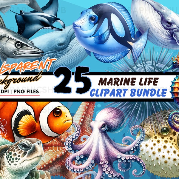 Watercolor Marine life Clipart Bundle - 25 Sea Animals PNG, Ocean Life, Under the Sea, Sea Creatures, Sea Life Illustration Digital Download