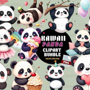 Pacote de clipart de panda kawaii, 15 designs adoráveis de alta resolução, projetos criativos, PNG fofos para adesivos, álbuns de recortes, cartões comemorativos, artesanato faça você mesmo