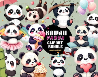 Paquete de imágenes prediseñadas de panda kawaii, 15 diseños adorables de alta resolución, proyectos creativos, lindos PNG para calcomanías, álbumes de recortes, tarjetas de felicitación, manualidades de bricolaje