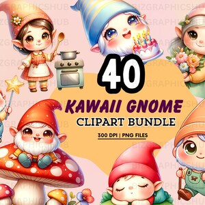 40 entzückende Kawaii Gnome Clipart Bundle, PNG, niedliche Gnome Clipart, Handwerk Clipart Sammlung, Gnome Digital Art, wunderliche Gnome Bilder