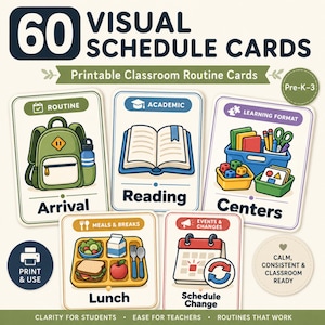 May include: A set of 60 visual schedule cards featuring printable classroom routine cards for Pre-K-3. The cards display colorful illustrations of an arrival backpack, reading book, learning centers, lunch tray, and schedule change icons with text.