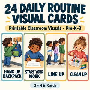 Può includere: Un set di 24 carte visive per la routine quotidiana in classe, con illustrazioni di bambini che appendono uno zaino, lavorano, si mettono in fila e mettono a posto i pastelli. Il testo recita 24 DAILY ROUTINE VISUAL CARDS, 7,6 x 10,2 cm Cards.