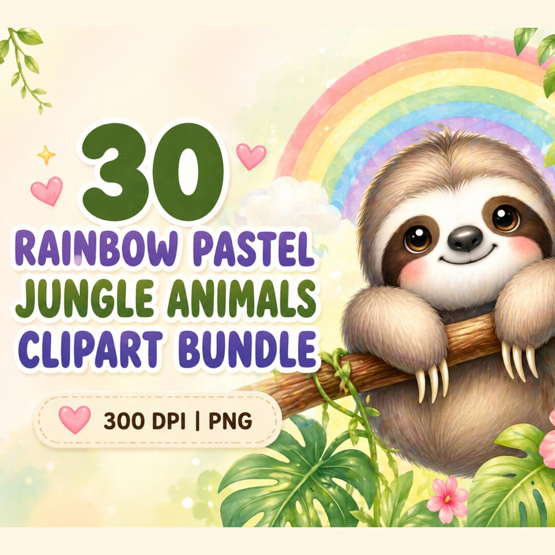 Rainbow Pastel Jungle Animals Clipart Bundle - 30 Cute Cartoon Pngs for ...