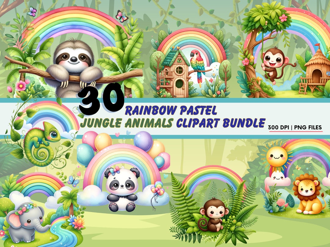 Rainbow Pastel Jungle Animals Clipart Bundle - 30 Cute Cartoon Pngs for ...