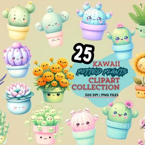 Colección de imágenes prediseñadas de 25 adorables plantas en macetas Kawaii - Formato PNG, sin fondo, perfecto para manualidades o proyectos de diseño/paquete de imágenes prediseñadas de cactus