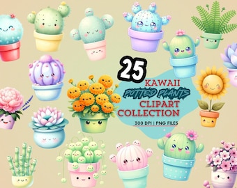 25 Adorable Kawaii Potted Plants Clipart Collection - PNG Format, no background, Perfect for Crafts or Design Project| Cactus Clipart Bundle