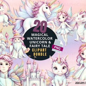 Magical Watercolor Unicorn Clipart Bundle, Pastel Unicorns, Rainbow Unicorn Watercolor Clipart, Fairy Tale PNG, Castle Clipart, Fantasy PNG