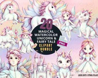 Magical Watercolor Unicorn Clipart Bundle, Pastel Unicorns, Rainbow Unicorn Watercolor Clipart, Fairy Tale PNG, Castle Clipart, Fantasy PNG
