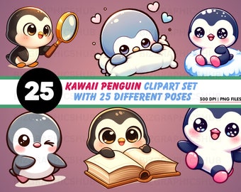 Kawaii Penguin Clipart Set - 25 verschillende FunnyPoses| PNG met hoge resolutie, perfect voor knutselen en onderwijs, commercieel gebruik, geen achtergrond