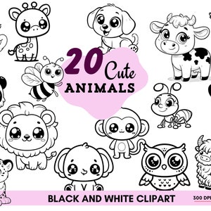 Lindo conjunto de imágenes prediseñadas de animales para todos los propósitos: 20 diseños de dibujos animados minimalistas, archivos PNG de 300 DPI, perfectos para decoración de guardería/arte de guardería Kawaii
