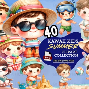 Kolekcja 40 Kawaii Kids Summer Clipart, letni temat clipart, Słoneczne dni, letnia radość, plażowy clipart, cyfrowe pobieranie PNG, Letnie wibracje