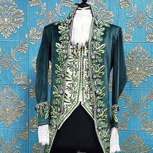 Bespoke Green Velvet 3pc Nobleman Costume: Golden Embroidered Rococo Wedding