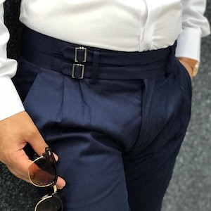 Men Blue Gurkha Trouser Cotton High Waist Button Closure Flap Pocket Double Pleated Formal Attire Must Have Business Pant For Him
