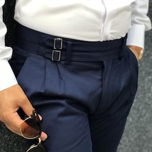 Pantaloni da uomo in cotone blu Gurkha, a vita alta, gamba dritta, chiusura con doppio bottone, su misura, a pieghe doppie, casual da lavoro, semi-formali
