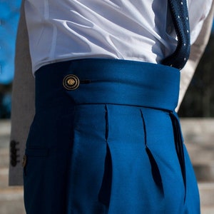Men Gurkha Trouser Custom Made Blue Cotton Pants High Waist Box Pleated Regular Fit Button Closure With Bottom Cuff Business Formal Pant