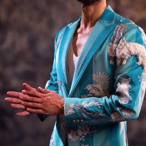 Men Bespoke Blue Cotton 2pc Designer Suit Embroidered Coat Pants Gift For Him Prom Party Wedding Cocktail Dinner Special Events Wear