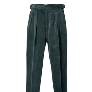Men Green Corduroy Gurkha Pants High Waisted Straight Leg Double Button Closer Custom Made Pleated Business Casual Semi-Formal Attire