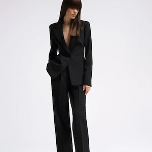 Women Bespoke Black 2pc Suit Notch Lapel Single Breasted Pant Blazer Set Wedding Prom Bridesmaid Guest Formal Office Dinner Party Outfit