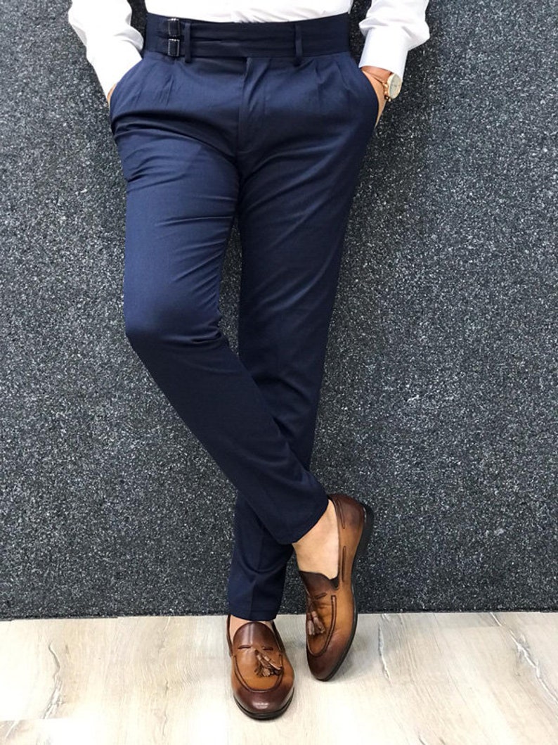 Men's Blue Cotton Gurkha Pants High Waisted Straight Leg Double Button ...