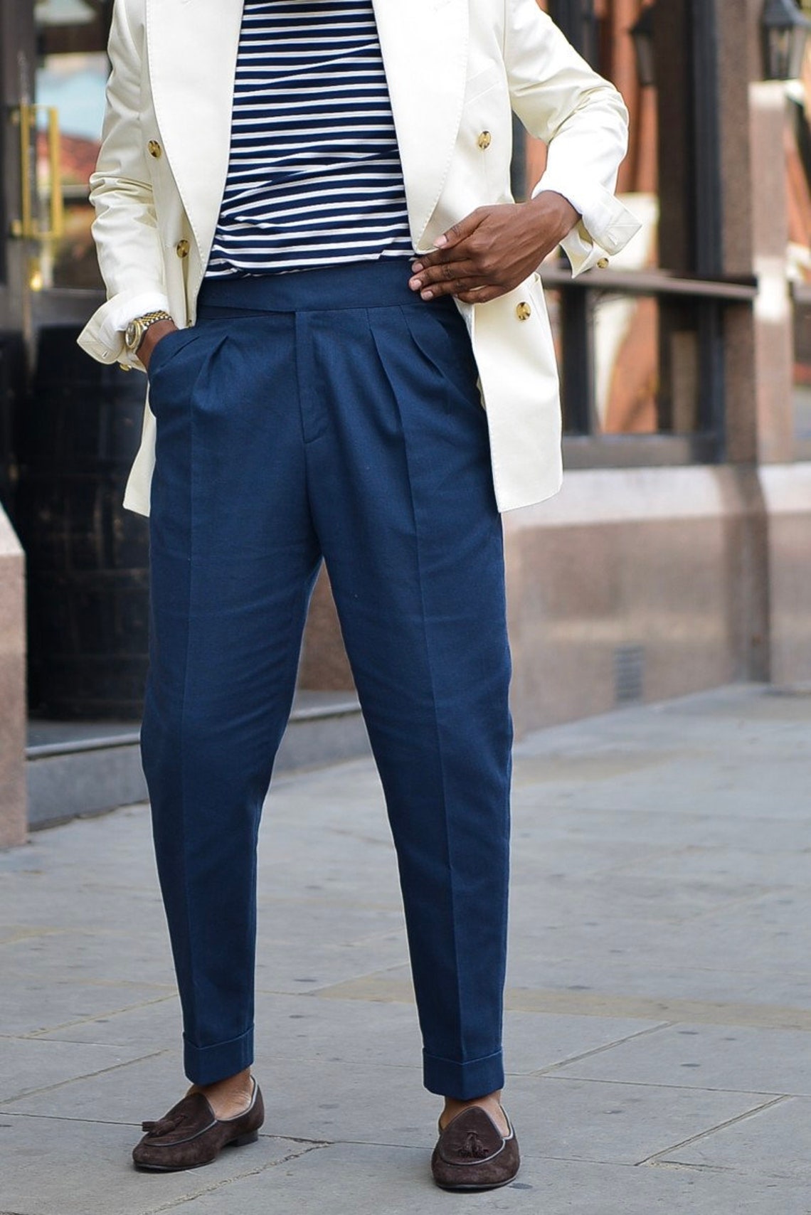 Men's Blue Cotton Gurkha Pants High Waisted Straight Leg Double Button ...