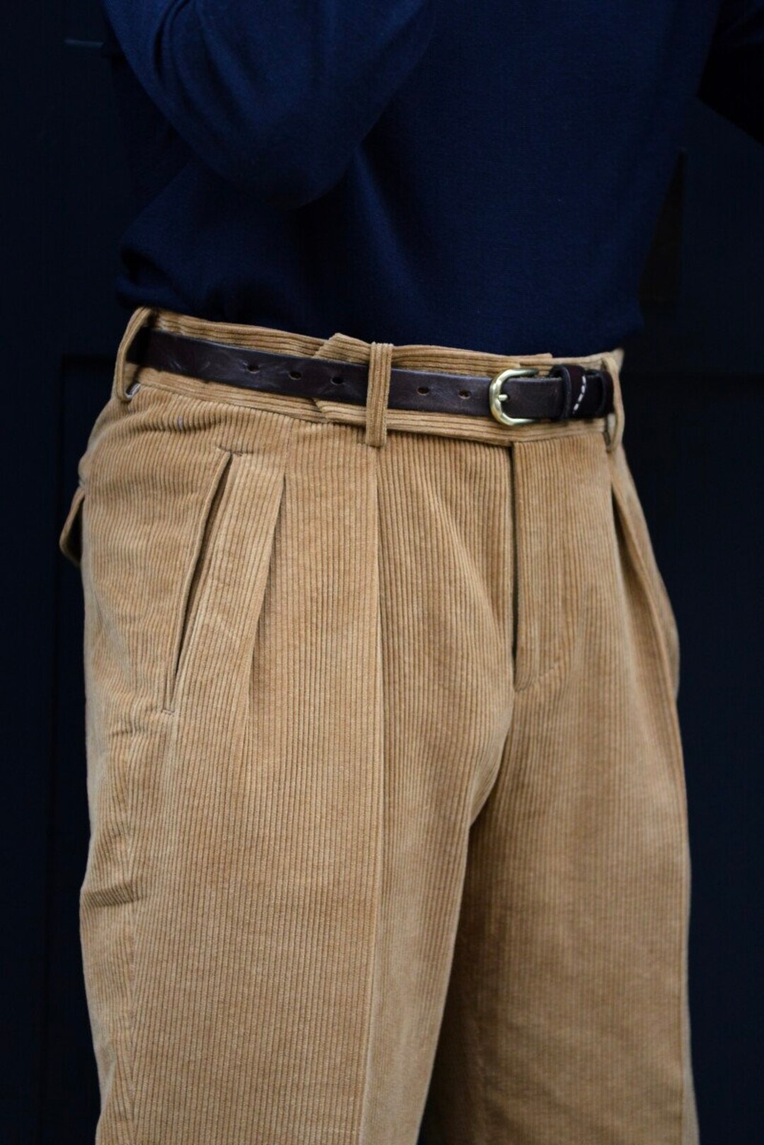 Men Brown Corduroy Gurkha Pants High Waisted Straight Leg Double Button ...