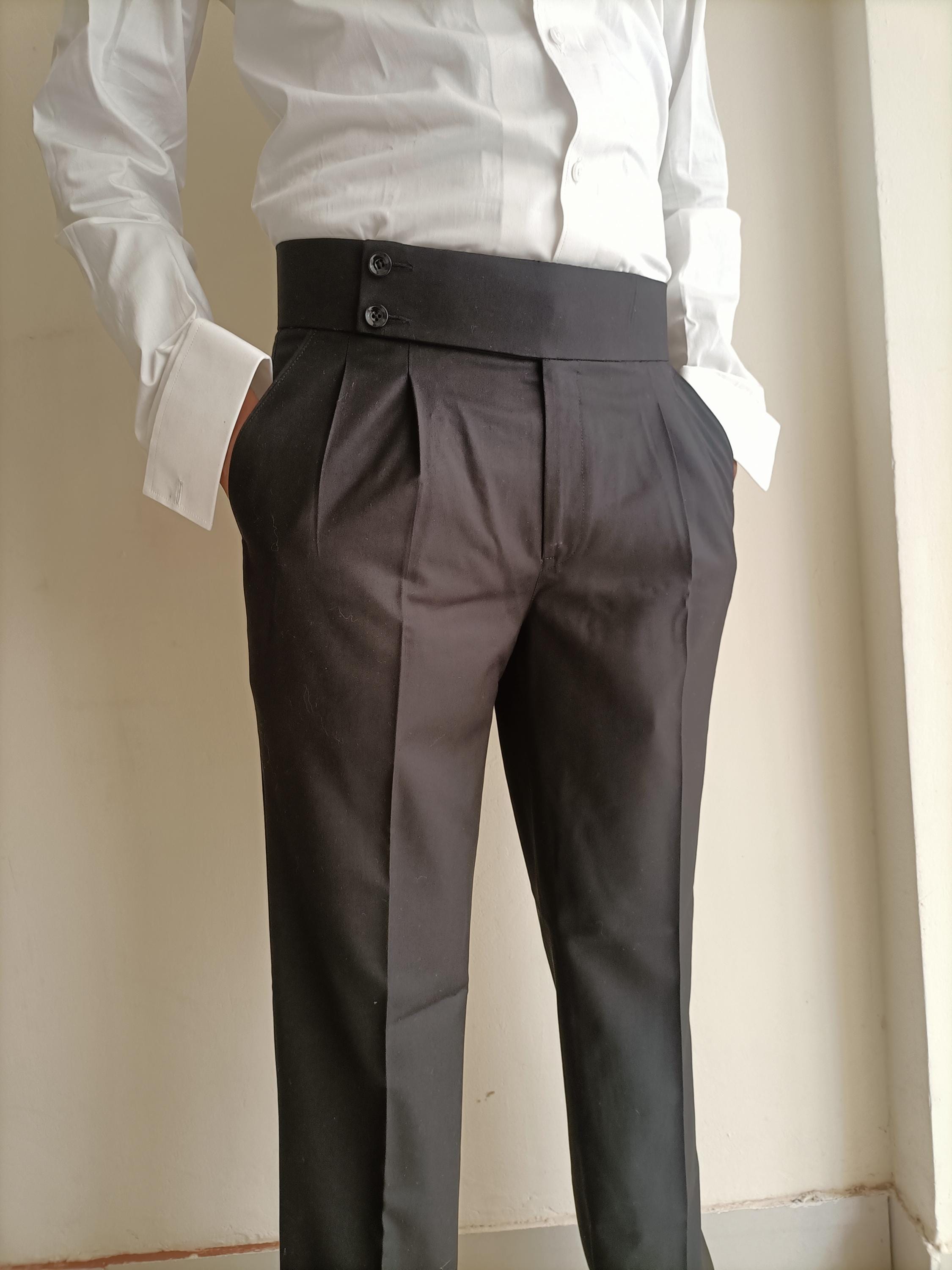 Men's Black Cotton Gurkha Pants High Waisted Straight Leg