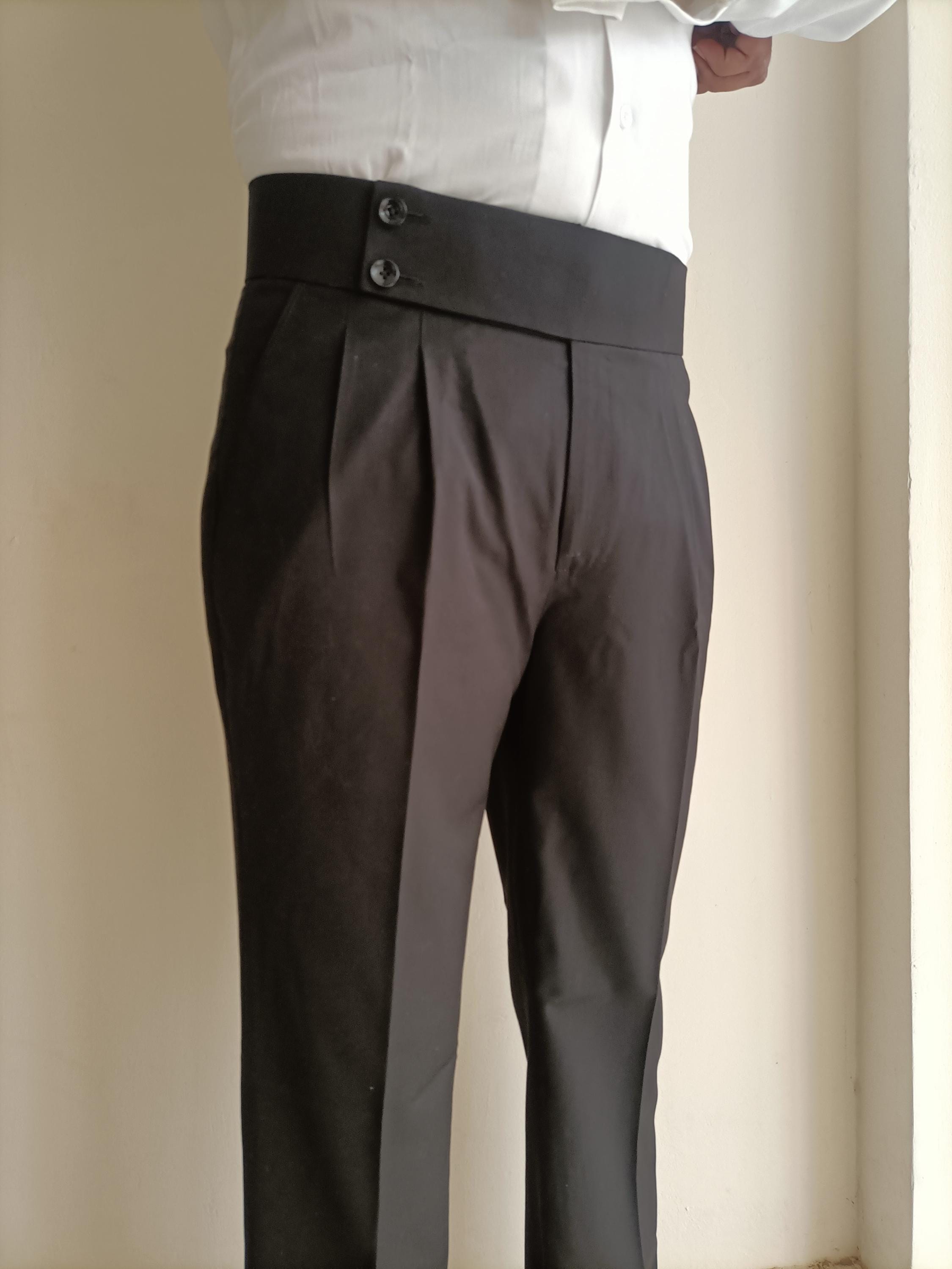 Men's Custom Black Cotton Gurkha Pants: High Waisted, Double