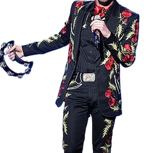 Men&#39;s Black 2Pc Flower Embroidered Western Suit - Vintage Wedding Retro Party Outfit - Custom Country Cocktail Attire