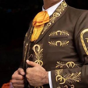 Terno Mariachi Masculino Bordado Premium Marrom Algodão Feito Sob Medida | Terno Charro de 3 Peças para Fantasia de Casamento e Halloween