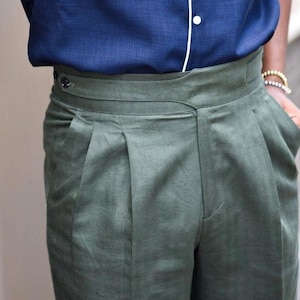 Men Green Gurkha Trouser Cotton High Waist Button Closure Flap Pocket Double Pleated Formal Attire Must Have Business Pant For Him