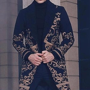 Men Black Long Over Coat Custom Made Heavy Embroidered For Wedding Groomsmen Dinner Office Prom Party Personalized Gift For Him