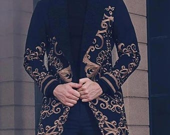 Men Black Long Over Coat Custom Made Heavy Embroidered For Wedding Groomsmen Dinner Office Prom Party Personalized Gift For Him