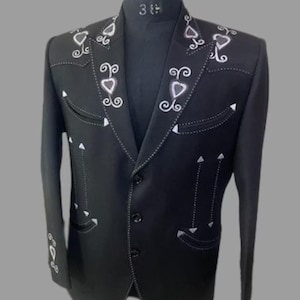 Men&#39;s Black Vintage Classic 2Pc Embroidered Suit & Pants, Custom Western Designer Attire for Wedding, Cocktail, Dinner Party