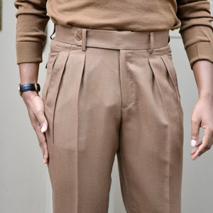 Pantaloni da uomo in cotone blu Gurkha, a vita alta, gamba dritta, chiusura con doppio bottone, su misura, a pieghe doppie, casual da lavoro, semi-formali