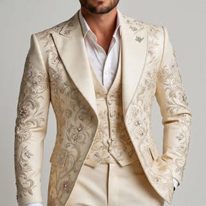 Custom Embroidered Cotton Suit: 3-Piece Wedding Dinner Party Set