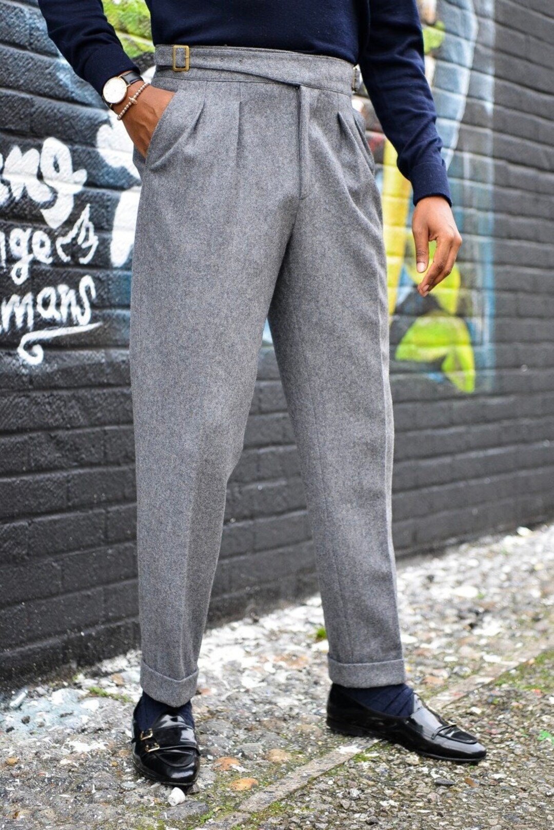 Men Gray Cotton Gurkha Pants High Waisted Straight Leg Double Button ...